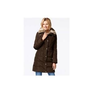 Michael Kors Women's Down Puffer Coat Brown With Faux Fur Collar Small